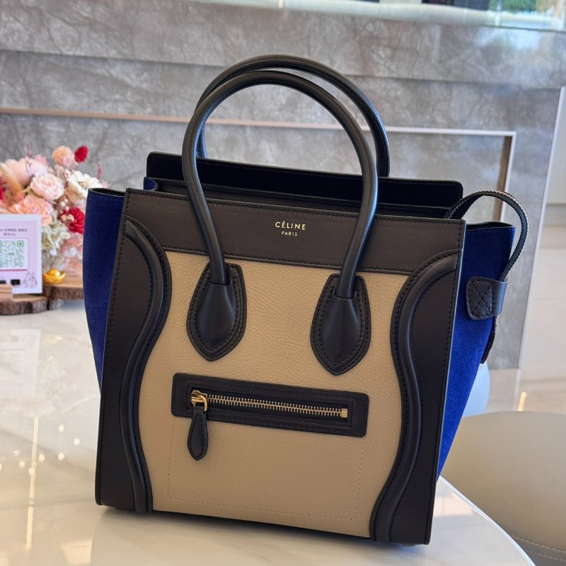 *SHIHNA名牌精品* CELINE 三色牛皮拼接手提 冏包/笑臉包-0