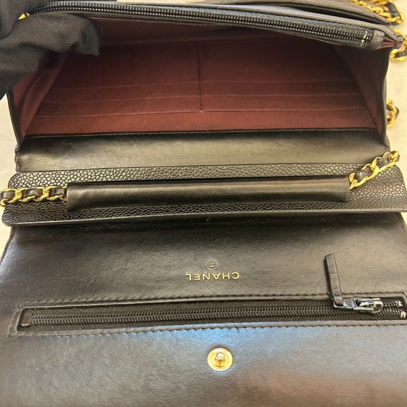 CHANEL黑金雙C菱格羊皮鍊帶WOC斜背包-8