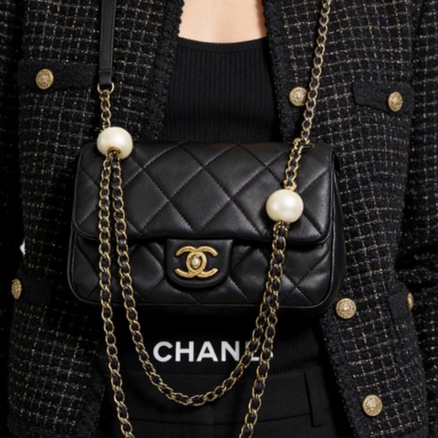 CHANEL 黑金菱格紋雙珍珠大mini肩背斜背包21*13*6 98新配件盒子塵袋