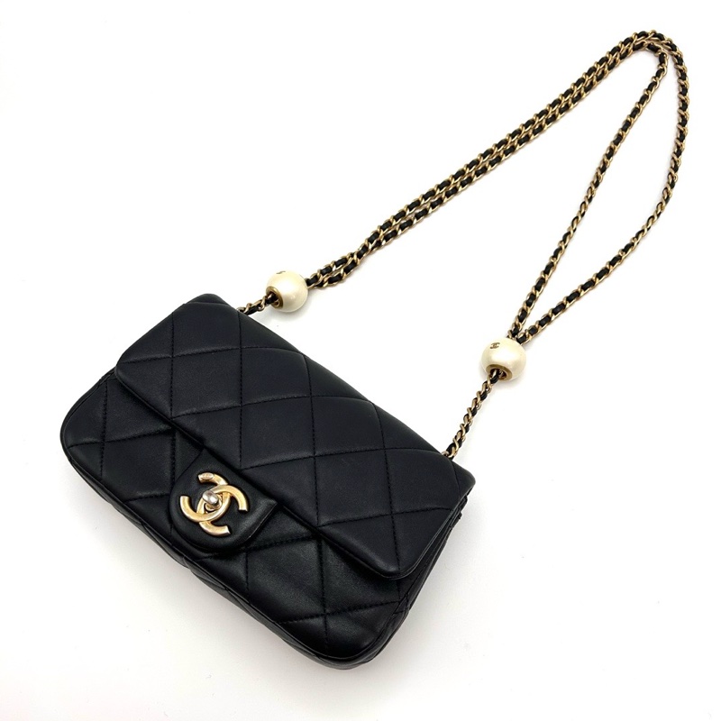 CHANEL 黑金菱格紋雙珍珠大mini肩背斜背包21*13*6 98新配件盒子塵袋-5