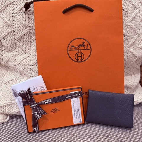 Hermes Calvi Duo Mysore愛馬仕拼色山羊皮卡包 霧霾灰/黑雙拼色Gris misty