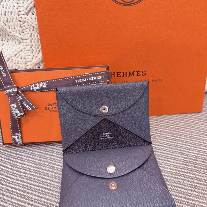 Hermes Calvi Duo Mysore愛馬仕拼色山羊皮卡包 霧霾灰/黑雙拼色Gris misty-8