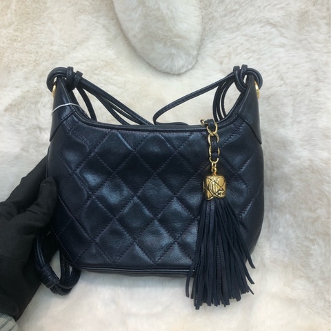 Chanel 中古 深藍色菠蘿金扣流蘇長帶斜孭袋 XC033