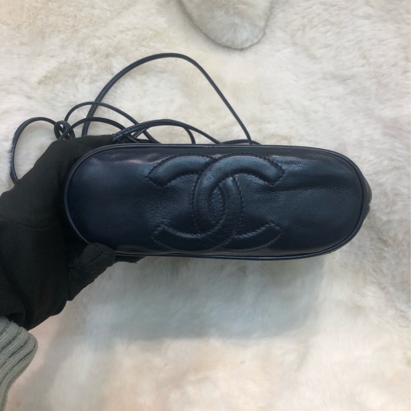Chanel 中古 深藍色菠蘿金扣流蘇長帶斜孭袋 XC033-4