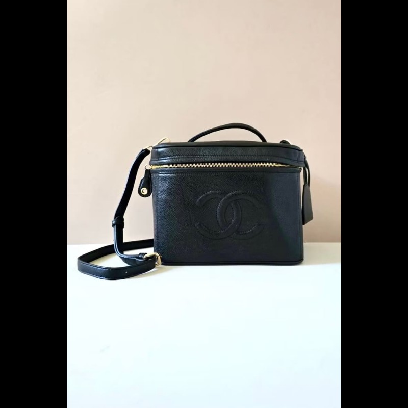絕版古董包 Chanel黑色魚子醬化妝盒子包 斜背包 側背包 單肩包-0