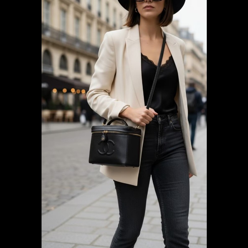 絕版古董包 Chanel黑色魚子醬化妝盒子包 斜背包 側背包 單肩包-7