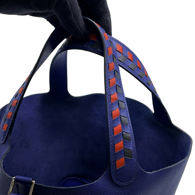 愛馬仕 Hermès Picotin Lock MM Traces 手提包,藍色踝帶/磚紅色/黑色,Epson D 印章-8