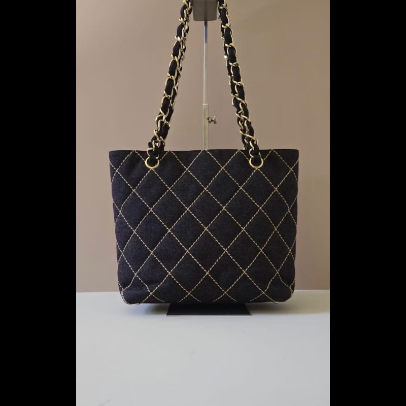 【LA LUNE】稀有中古包 Chanel 黑色毛呢鏈條托特包 單肩包 側背包 古著包-0