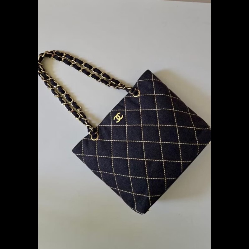【LA LUNE】稀有中古包 Chanel 黑色毛呢鏈條托特包 單肩包 側背包 古著包-2