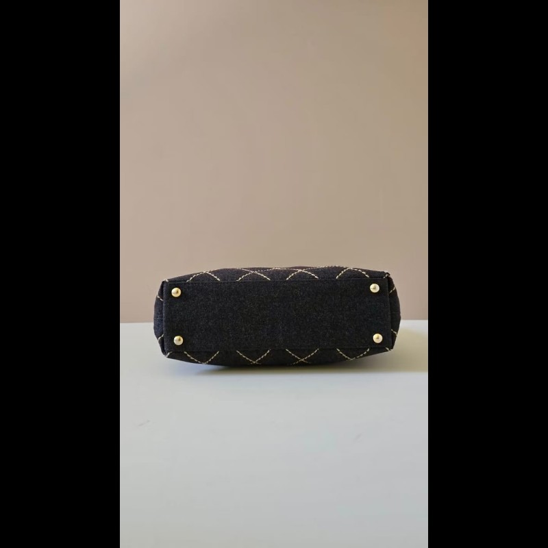 【LA LUNE】稀有中古包 Chanel 黑色毛呢鏈條托特包 單肩包 側背包 古著包-3