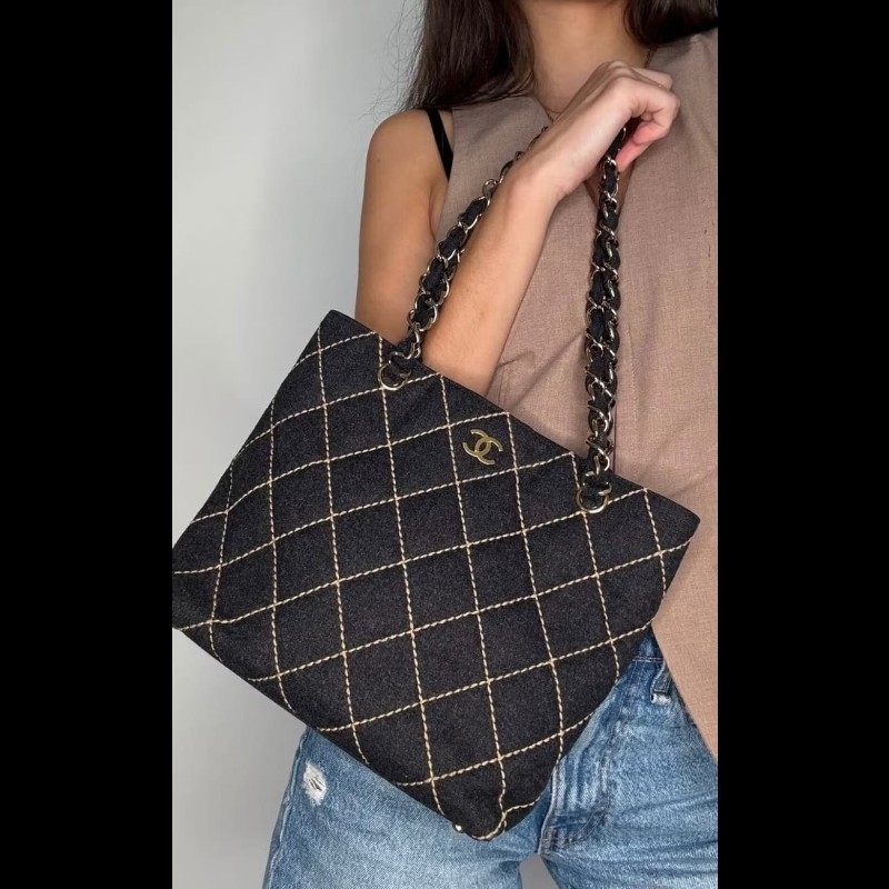 【LA LUNE】稀有中古包 Chanel 黑色毛呢鏈條托特包 單肩包 側背包 古著包-6