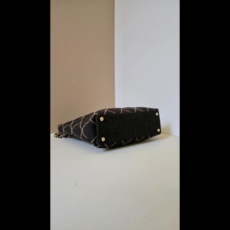 【LA LUNE】稀有中古包 Chanel 黑色毛呢鏈條托特包 單肩包 側背包 古著包-7