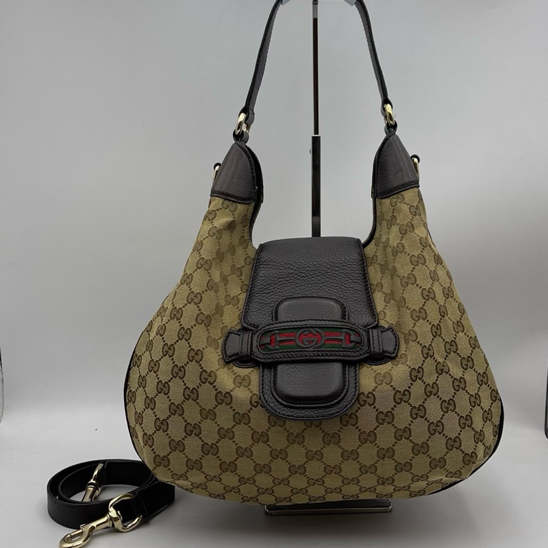 GUCCI Dressage老花牛皮拼帆布单肩斜挎包-0