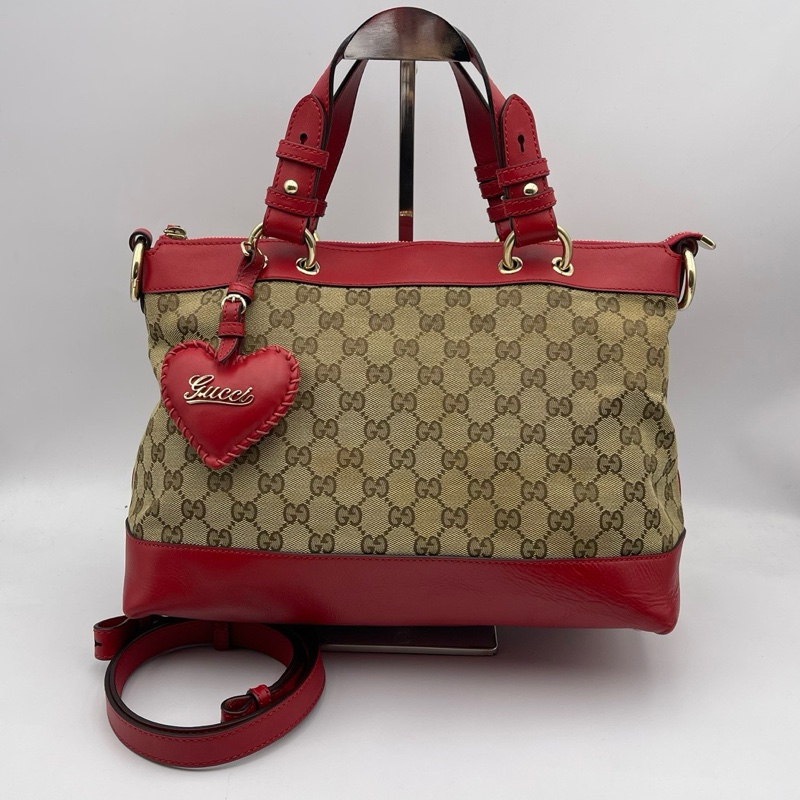 Gucci/古驰 爱心型挂饰帆布拼皮手提肩背包-0