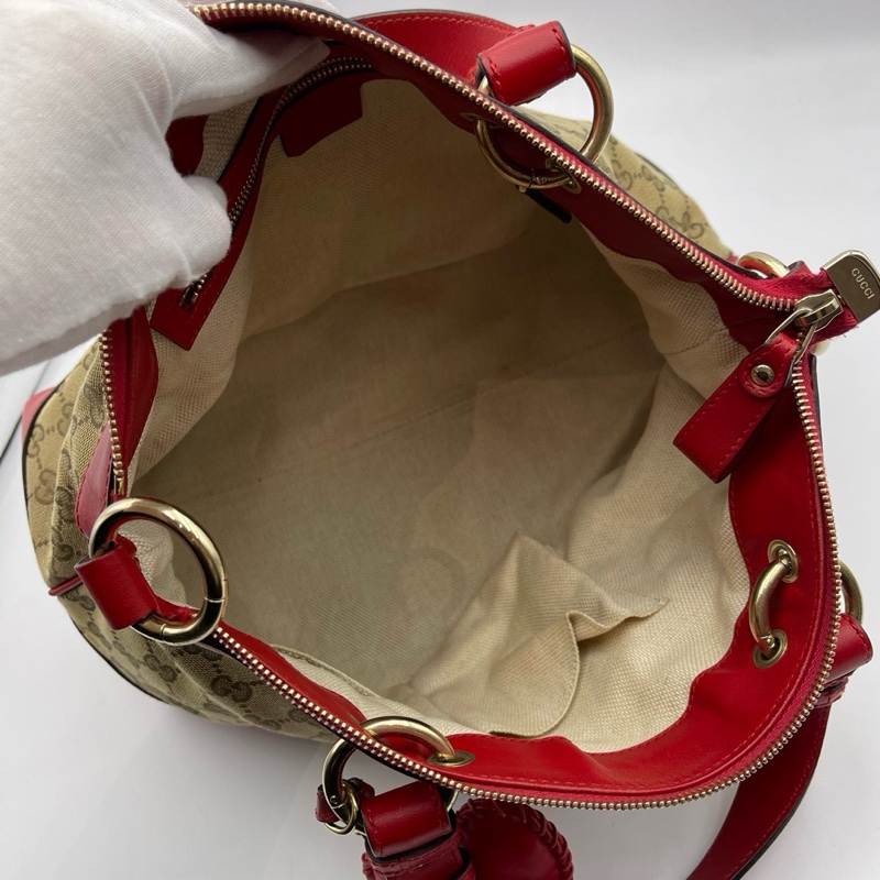 Gucci/古驰 爱心型挂饰帆布拼皮手提肩背包-3