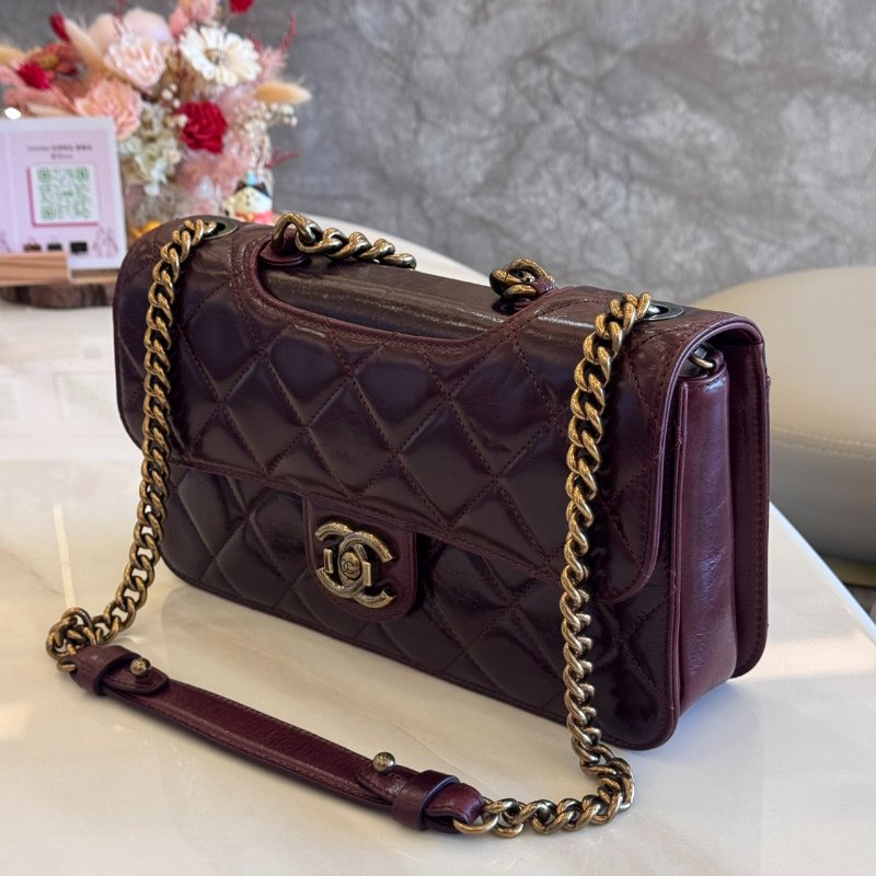 *SHIHNA名牌精品* CHANEL 孟買系列 勃根地紅 復古仿舊口蓋包-3