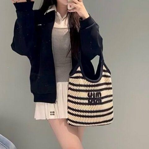 MIUMIU藍白編織金釦IVY托特包