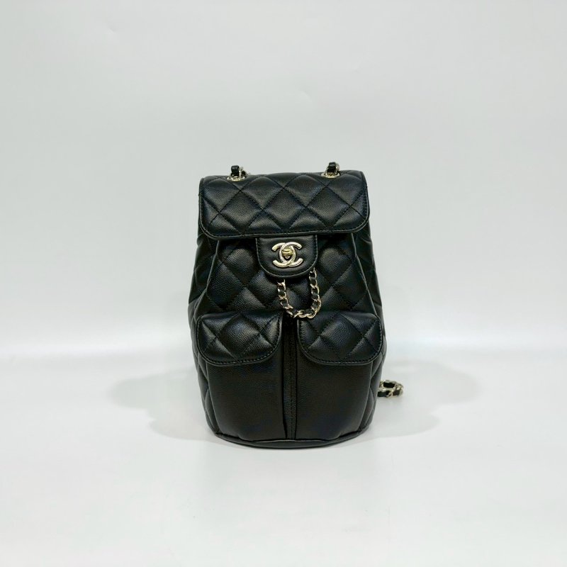 CHANEL黑淡金釦粒紋牛皮雙肩束口後背包AS3290-1