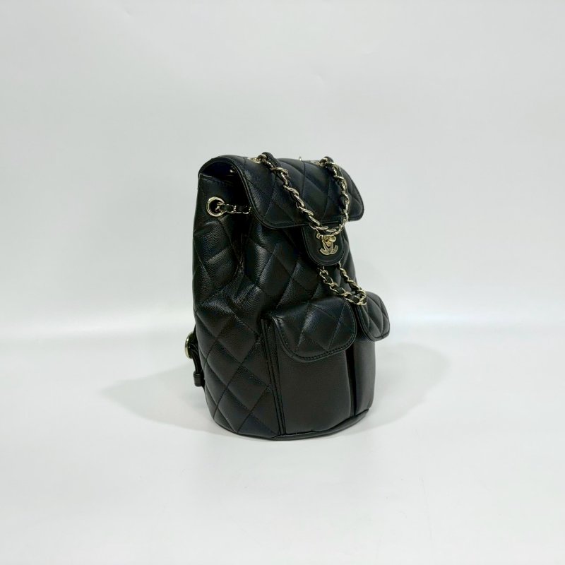 CHANEL黑淡金釦粒紋牛皮雙肩束口後背包AS3290-3