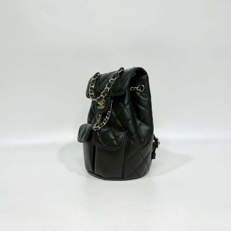 CHANEL黑淡金釦粒紋牛皮雙肩束口後背包AS3290-4