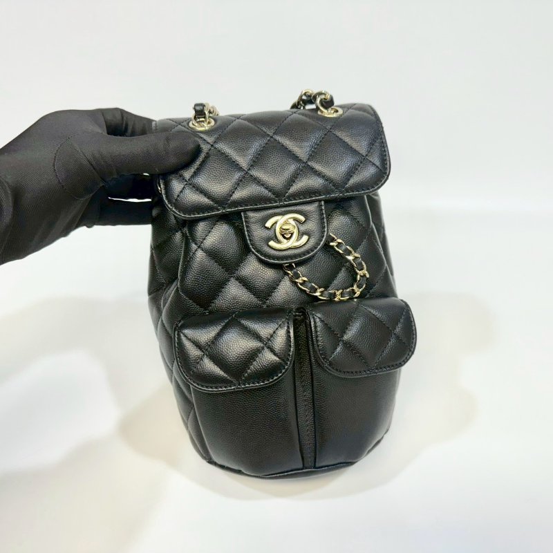 CHANEL黑淡金釦粒紋牛皮雙肩束口後背包AS3290-8