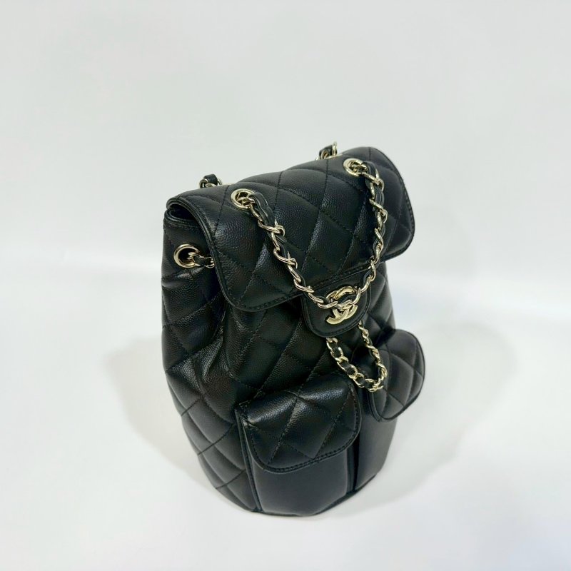 CHANEL黑淡金釦粒紋牛皮雙肩束口後背包AS3290-9