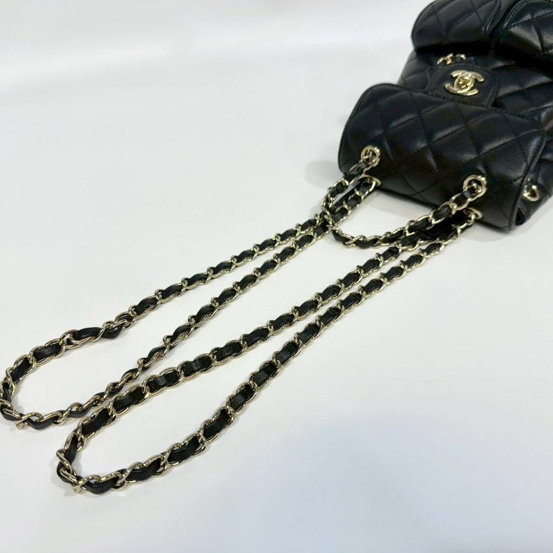 CHANEL黑淡金釦粒紋牛皮雙肩束口後背包AS3290-13