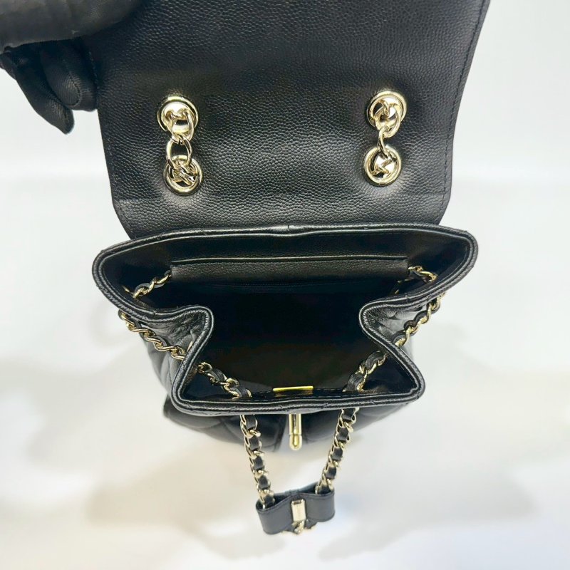 CHANEL黑淡金釦粒紋牛皮雙肩束口後背包AS3290-15