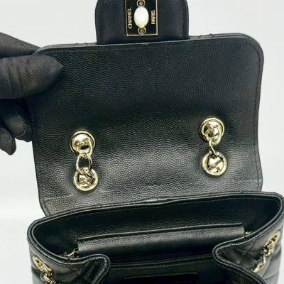 CHANEL黑淡金釦粒紋牛皮雙肩束口後背包AS3290-21