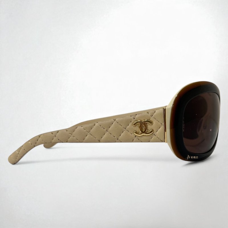 Chanel 棕黑拚米色菱格紋金色雙C墨鏡-2