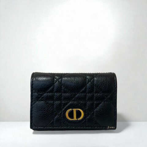 Dior Caro Glycine黑小牛皮籐格紋金扣下蓋零錢卡包S5132UWHC_M900