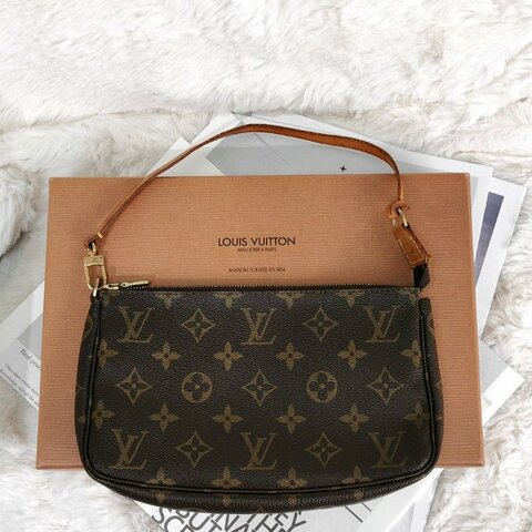 LV POCHETTE ACCESSORIES 棕色 老花 塗層帆布拼牛皮 中號 麻將包