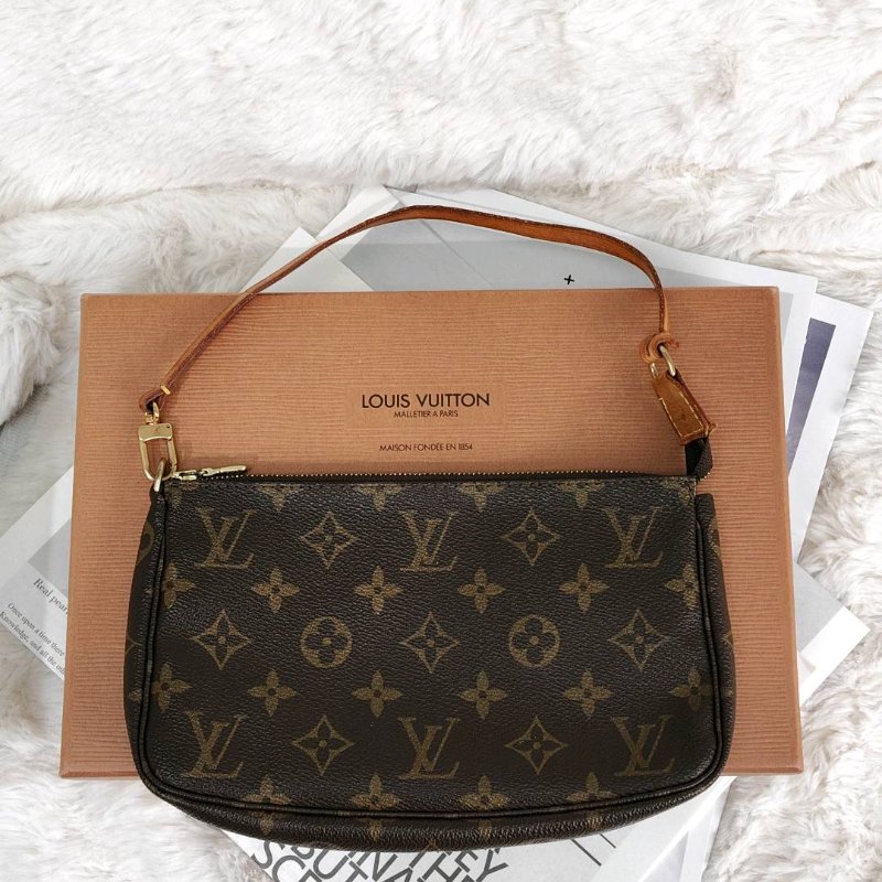 LV POCHETTE ACCESSORIES 棕色 老花 塗層帆布拼牛皮 中號 麻將包-0