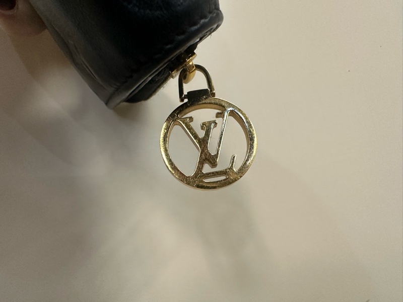 LV 黑羊皮壓紋金釦前釦後ㄇ拉零錢袋6卡Lou短夾M81599-6