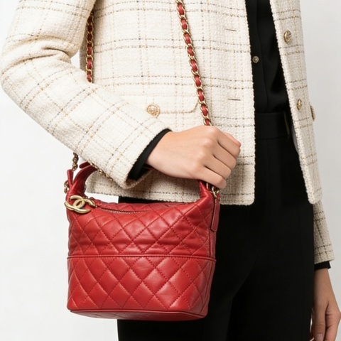 CHANEL 紅色金扣手提肩背斜背飯盒包 16*12*12 98新配件保卡塵袋