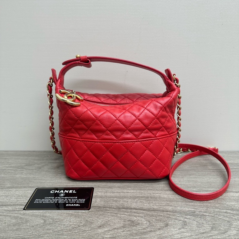 CHANEL 紅色金扣手提肩背斜背飯盒包 16*12*12 98新配件保卡塵袋-1
