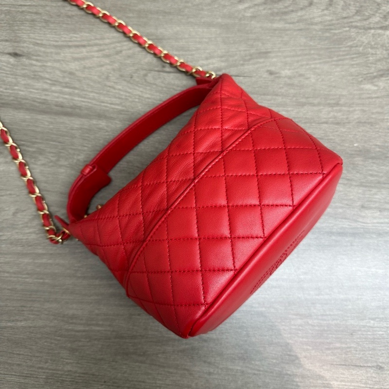 CHANEL 紅色金扣手提肩背斜背飯盒包 16*12*12 98新配件保卡塵袋-3