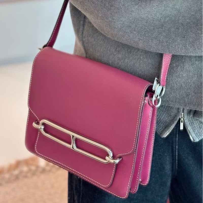 Hermes 玫紫色roulis 23銀扣豬鼻子肩背包23×19×6.5 98新配件塵袋-0