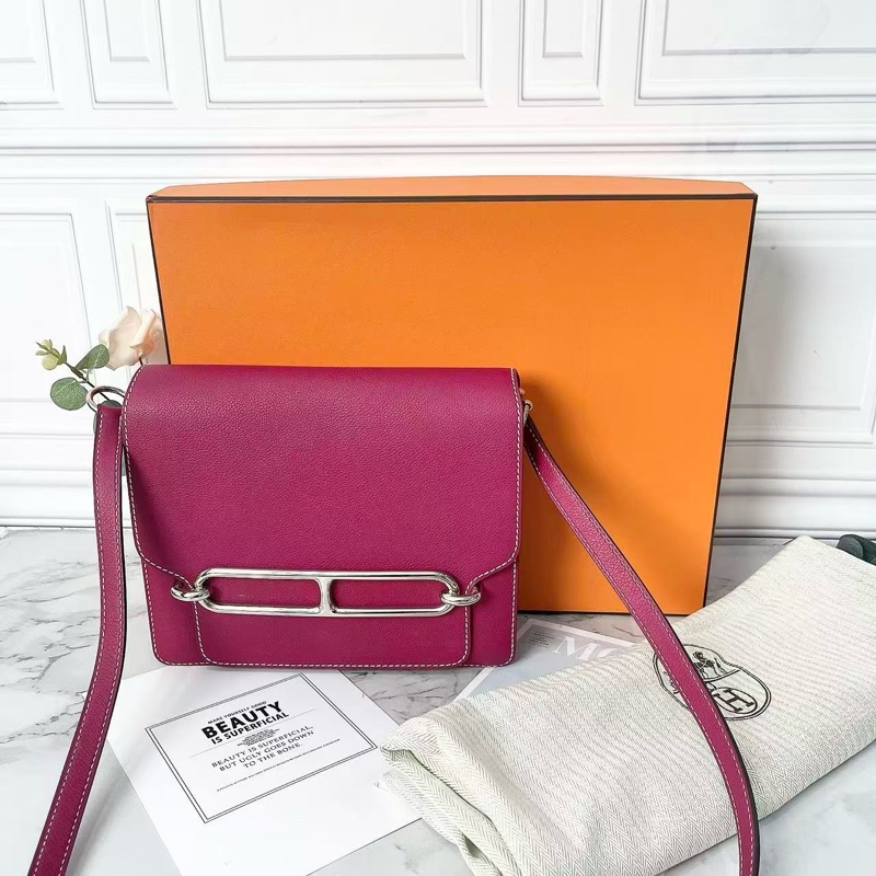 Hermes 玫紫色roulis 23銀扣豬鼻子肩背包23×19×6.5 98新配件塵袋-1