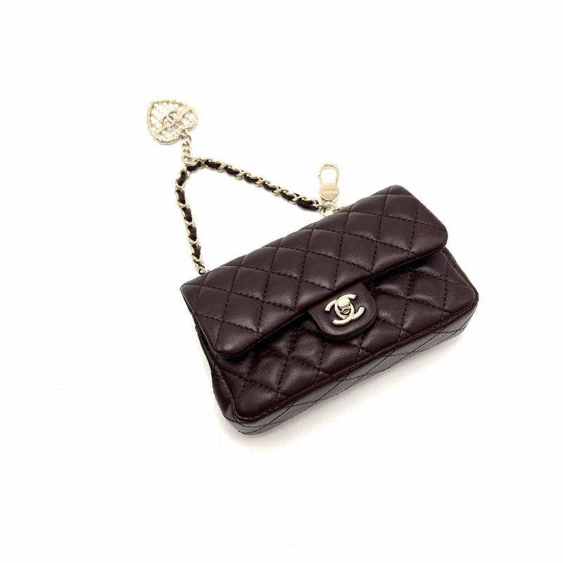 CHANEL深棕色金扣25A珍珠算盤愛心包掛零錢包12*8*3  99新配件塵袋-3