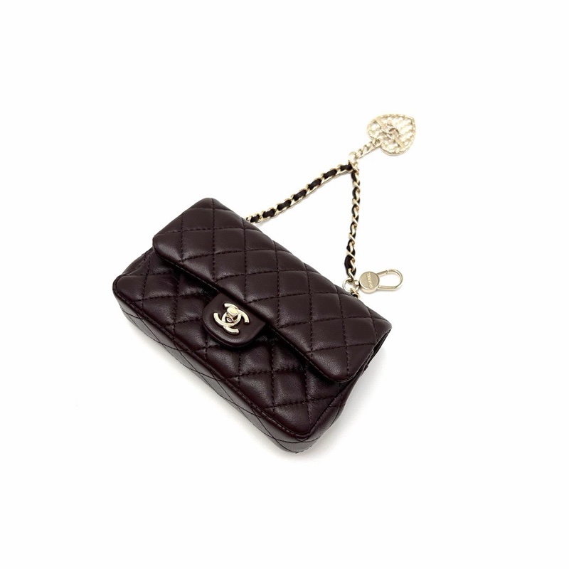 CHANEL深棕色金扣25A珍珠算盤愛心包掛零錢包12*8*3  99新配件塵袋-5