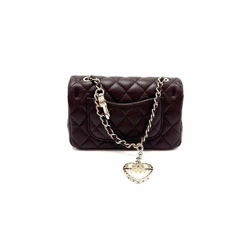 CHANEL深棕色金扣25A珍珠算盤愛心包掛零錢包12*8*3  99新配件塵袋-6