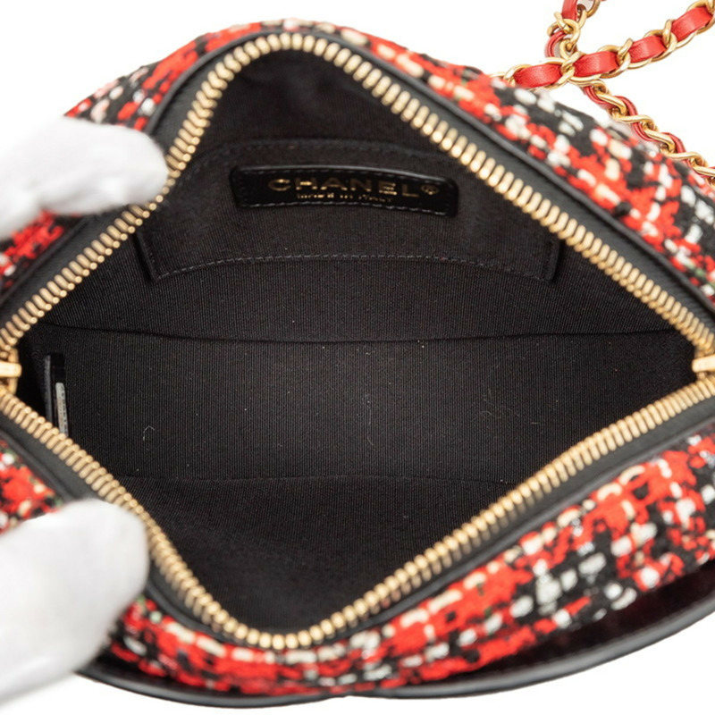 香奈兒 Coco Mark 鏈條單肩包，紅色和黑色斜紋軟呢皮革女士款-3