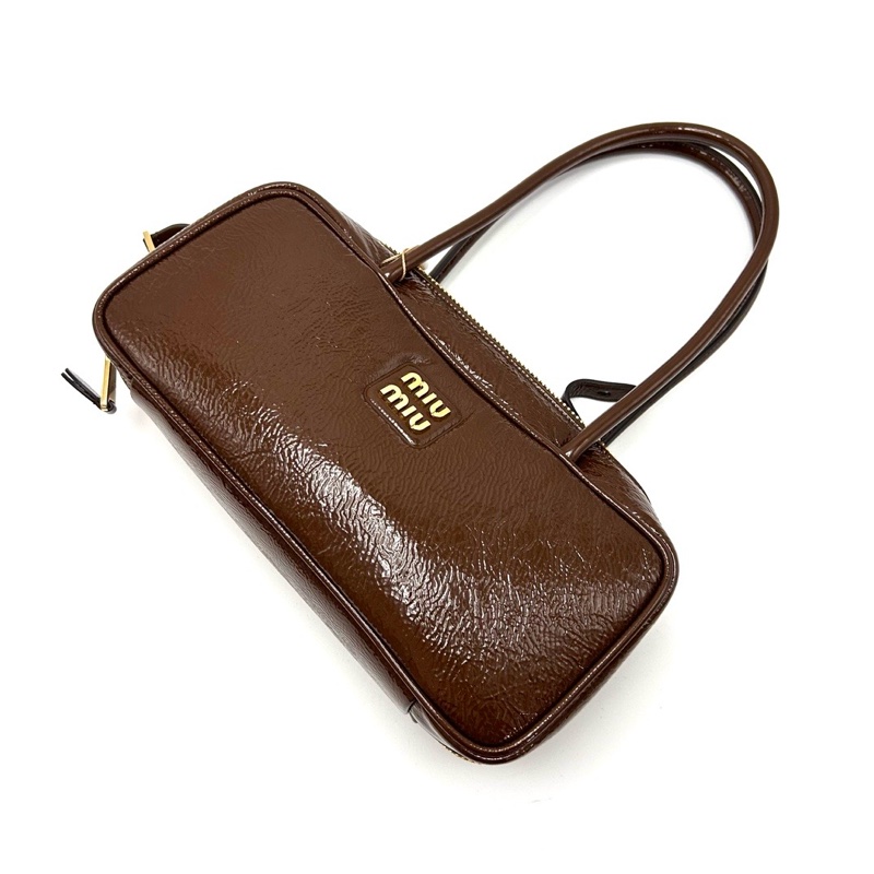 MIUMIU Beau棕色油蠟皮長手柄保齡球包28*13*8 99新配件塵袋75800-2