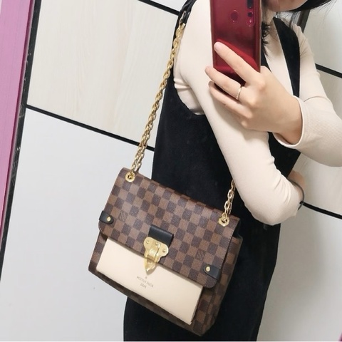 LV棕色棋盤格拼奶白色vavin小號肩背斜背包25*17*9 98新配件塵袋