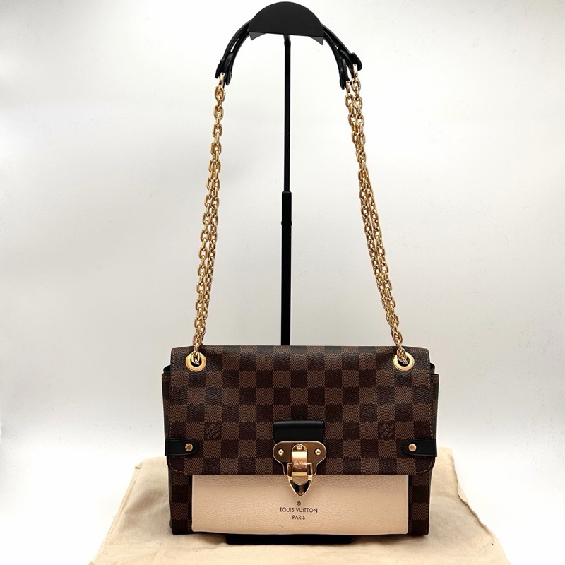 LV棕色棋盤格拼奶白色vavin小號肩背斜背包25*17*9 98新配件塵袋-1