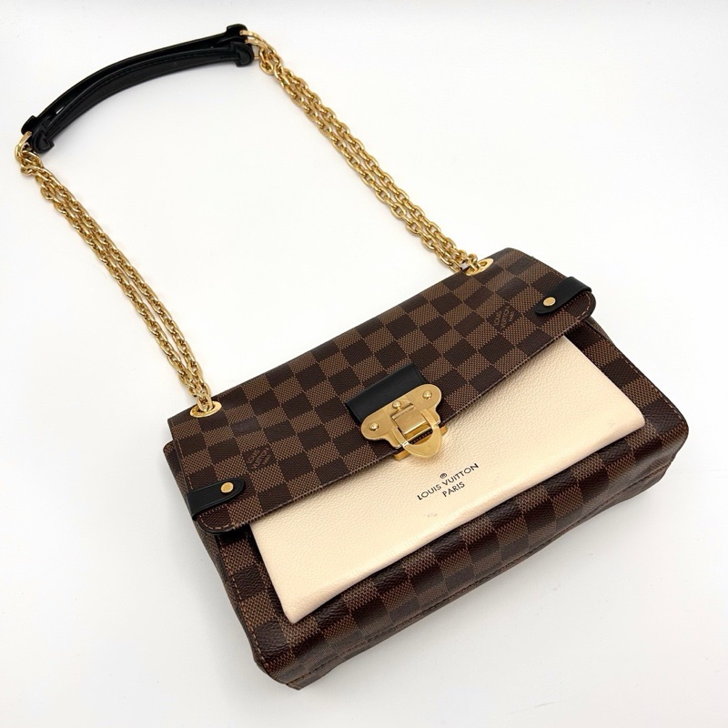 LV棕色棋盤格拼奶白色vavin小號肩背斜背包25*17*9 98新配件塵袋-3