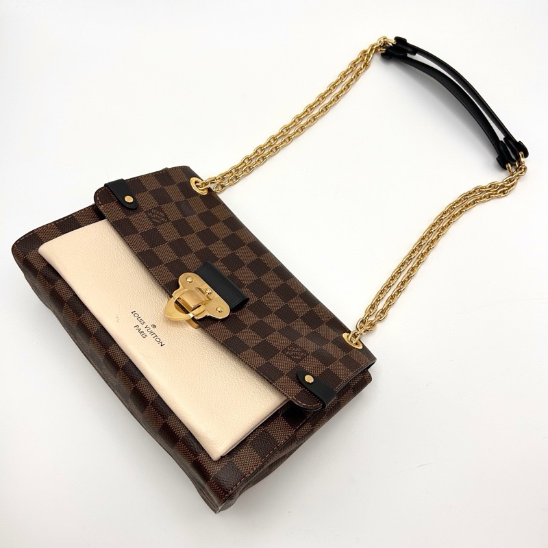 LV棕色棋盤格拼奶白色vavin小號肩背斜背包25*17*9 98新配件塵袋-5