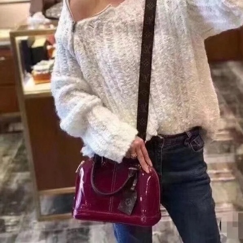 LV玫紅色漆皮拼老花手柄ALMABB手提斜挎貝殼包23*17*12 98新配件鑰匙塵袋