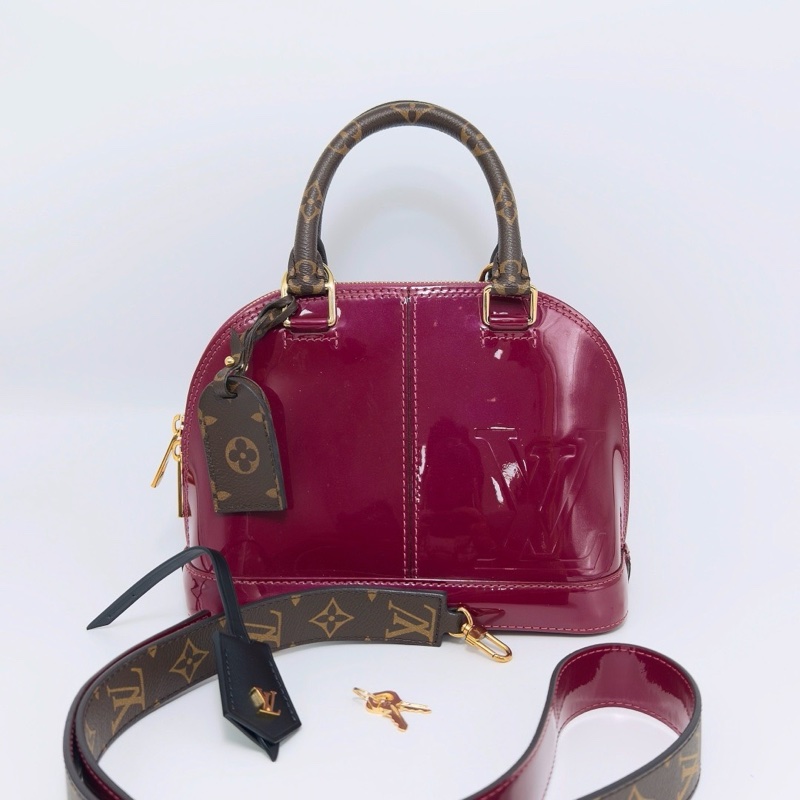 LV玫紅色漆皮拼老花手柄ALMABB手提斜挎貝殼包23*17*12 98新配件鑰匙塵袋-1